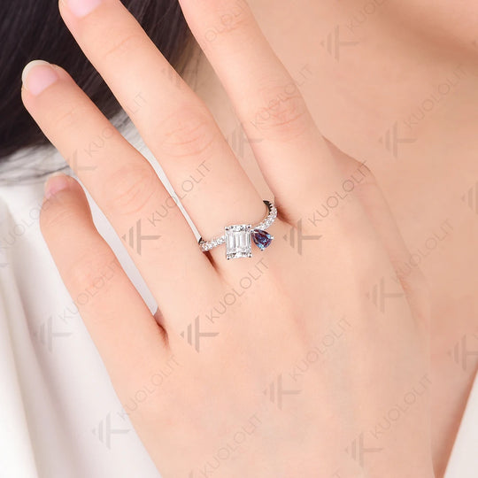 Kuololit  Lab Grown Alexandrite Moissanite  Rings for Women Solid 18K 14K 10K 585 White Gold Gemstone Ring for Christmas Gifts