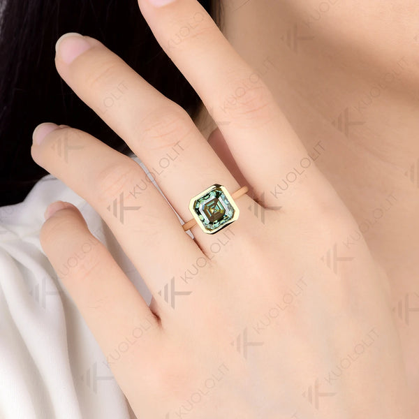 Kuololit 3.5CT Asscher Cut Cyan Moissanite for Women Solid 14K 10K 585 Yellow Gold for Engagement Wedding Christmas Gifts Party