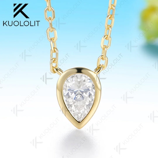 Kuololit 0.5CT Moissanite Pear Cut Custom Necklace for Women Solid 585 14K 10K Yellow Gold Necklace for Christmas Gifts Party