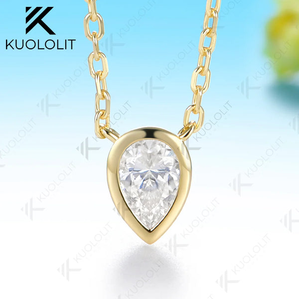 Kuololit 0.5CT Moissanite Pear Cut Custom Necklace for Women Solid 585 14K 10K Yellow Gold Necklace for Christmas Gifts Party