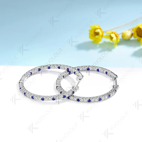 Kuololit Lab Blue Sapphire Moissanite Hoop Earrings for Women Solid 14K 10K 585 Gold Alternate Gemstone Earrings for Christmas
