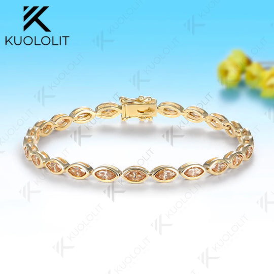 Kuololit 7.2CTW Champagne Moissanite Bracelet for Women Solid 14K 10K Yellow Gold Marquise Cut for Christmas Party Luxury Gifts