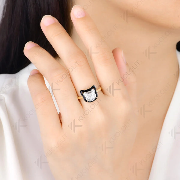 Kuololit 3CT Moissanite Black Enamel Ring for Women Solid 14K 10K 585 Yellow Gold Cat Cut Custom Ring for Christmas Gift Party