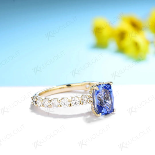 Kuololit 2CT Lab Grown Blue Sapphire Rings for Women Moissanite Solid 14K 10K 585 Yellow Gold for Engagement Wedding Christmas