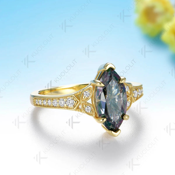 Kuololit 2CT Grey Moissanite Custom Ring for Women Solid 14K 10K 585 Yellow Gold Marquise Cut for Christmas Gifts Engagement