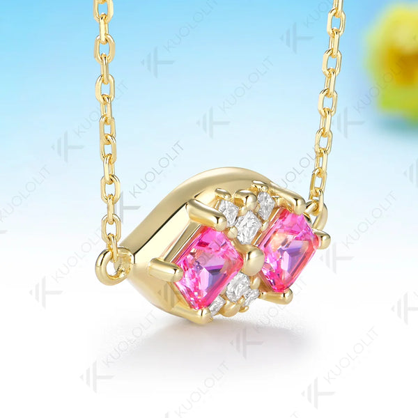 Kuololit 1.6CTW Lab Pink Sapphire Princess Cut Moissanite Custom Necklace for Women Solid 585 14K 10K Yellow Gold for Christmas
