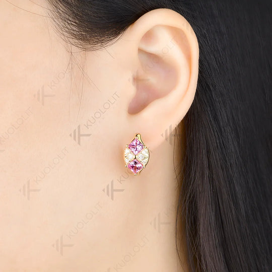 Kuololit 3.2CTW Lab Pink Sapphire Princess Cut Moissanite Custom Stud Earrings for Women Solid 14K 10K Yellow Gold for Christmas
