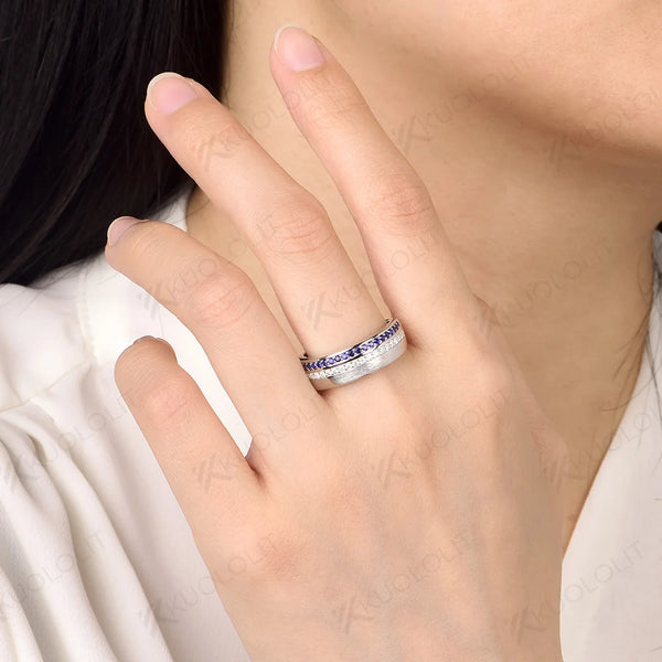 Kuololit PT900 0.55CTW Lab Sapphires Band for Women Solid Platinum 900 Gold Sapphire for Engagement Wedding Band Christmas Gifts