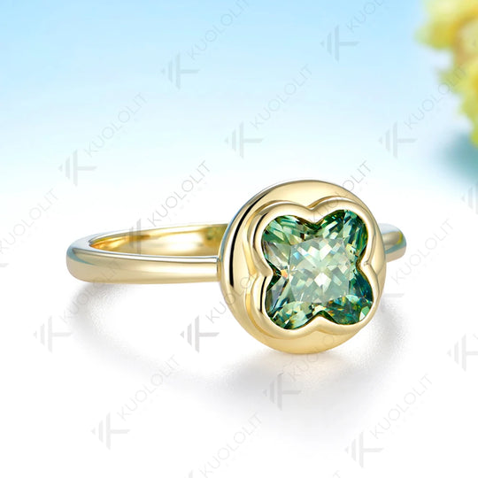 Kuololit 1.5CT Four Leaf Clover Cut Unique Ring for Women Solid 14K 585 Yellow Gold Engagement Ring for Christmas Gift Party