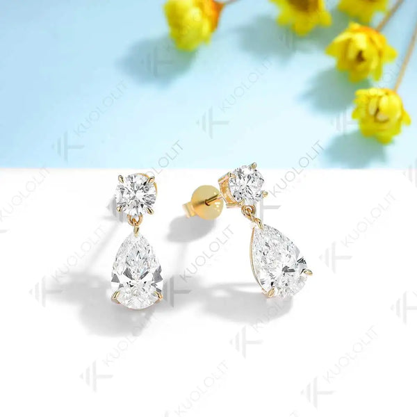 Kuololit 3CTW Lab Grown Diamonds Stub Earrings for Women Solid 18K 14K 10K 585 Yellow Gold Pear Clip Earring for Christmas Gift