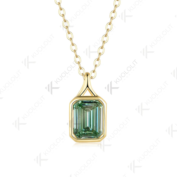 Kuololit 3CT Cyan Moissanite Lab Grown Emerald Necklace for Women Solid 14K 10K 585 Yellow Gold Emerald Cut Pendant for Christmas Gift Anniversary