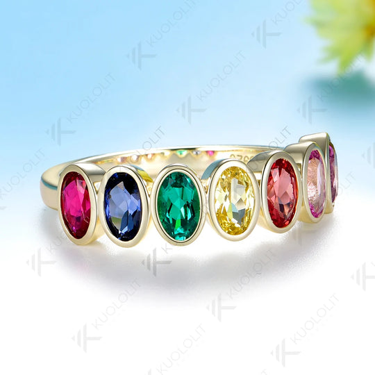 Kuololit 2.1CTW Lab Grown Rainbow Sapphire Ring for Women Solid 14K 10K Yellow Gold Gemstone Ring for Anniversary Christmas Gift