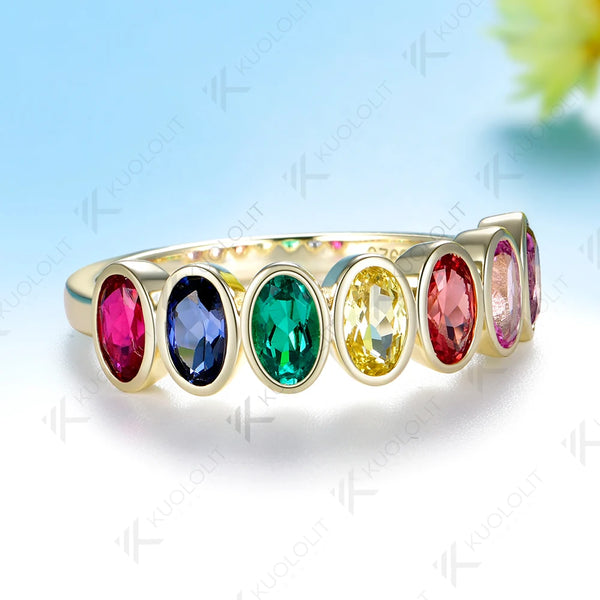 Kuololit 2.1CTW Lab Grown Rainbow Sapphire Ring for Women Solid 14K 10K Yellow Gold Gemstone Ring for Anniversary Christmas Gift