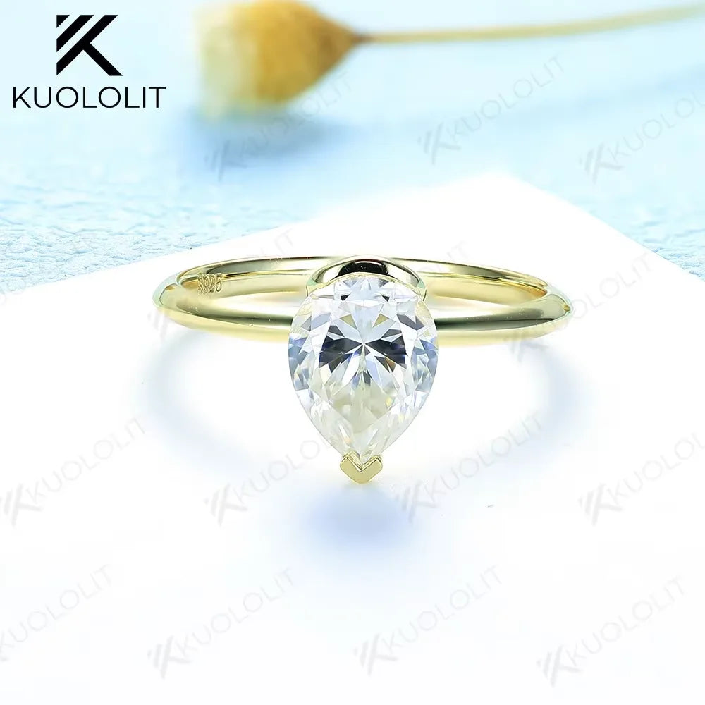 Kuololit Moissanite Rings for Women Solid 18K 14K 10K 925 Sliver Yellow Gold 1.5CT Pear Cut for Anniversary Wedding Engagement