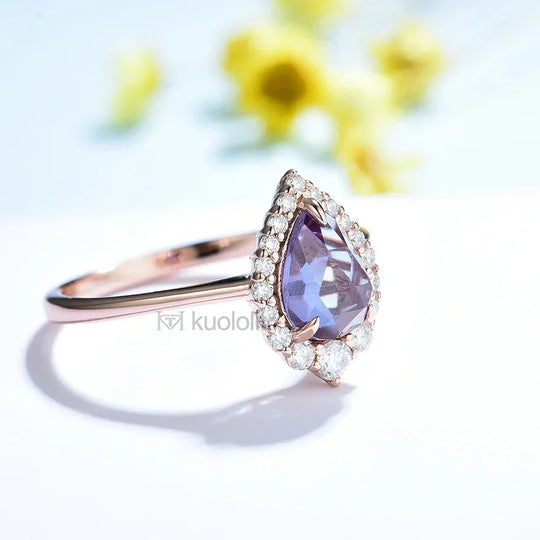 Kuololit Alexandrite Moissanite 14K 10K 585 Rose Gold Ring for Women 1.5CT Pear Cut Luxury Ring for Engagement Party Christmas