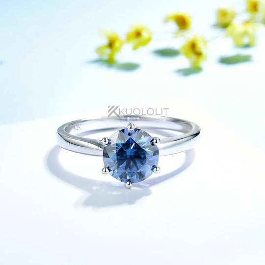 Kuololit 2CT Blue Moissanite Ring for Women Solid 14K 10K Yellow Gold Origanal Blue Color Round Ring for Engagement Christmas