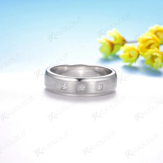 Kuololit 0.24CTW Moissanite Princess Cut Brushed Band for Men Women 925 Sliver Solid14K 10K Gold Ring for Anniversary Engagement
