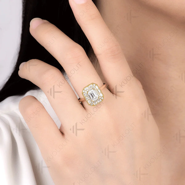 Kuololit 1CT Emerald Cut Moissanite Ring for Women Solid 14K 10K 585 Yellow Gold Engagement Ring for Christmas Gift Anniversary