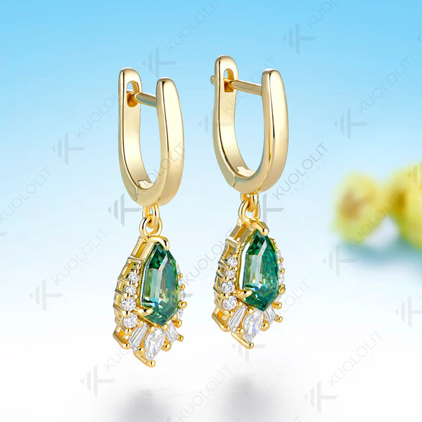 Kuololit 2.4CT Octagonal Pear Cyan Moissanite Clip Earring for Women Solid 14K 10K Yellow Gold Earring for Christmas Gifts Party