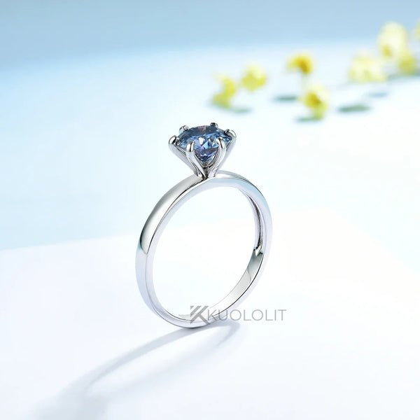 Kuololit 2CT Blue Moissanite Ring for Women Solid 14K 10K Yellow Gold Origanal Blue Color Round Ring for Engagement Christmas