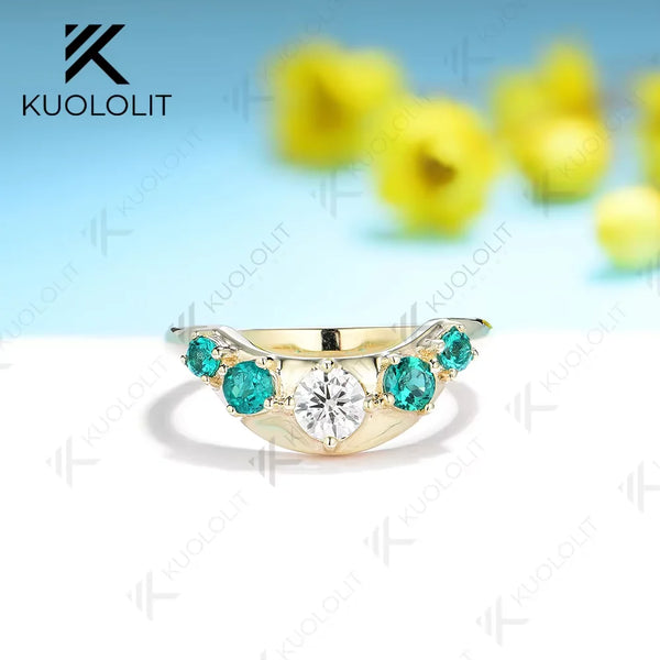 Kuololit 0.6CTW Moissanite with Lab Grown Emerald Rings for Women White Gold Solid18K 14K 10K Gold Enhancing Band for Engagement