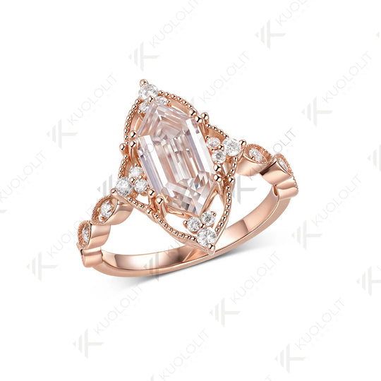 Kuololit 2.5ct Enlonged Hexagon Cut Moissanite Ring for Women Solid 14K 10K Rose Gold  for Anniversary Engagement Gift Christmas