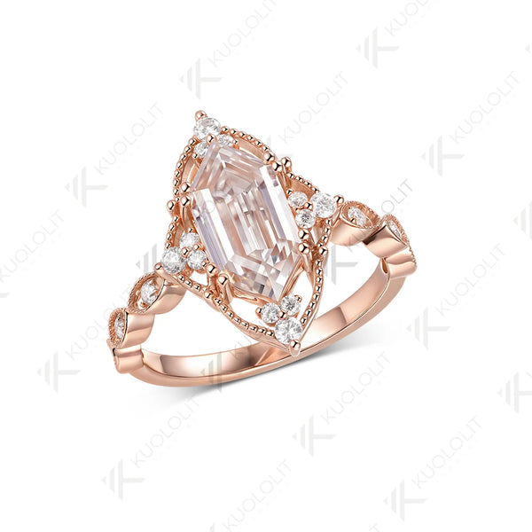 Kuololit 2.5ct Enlonged Hexagon Cut Moissanite Ring for Women Solid 14K 10K Rose Gold  for Anniversary Engagement Gift Christmas