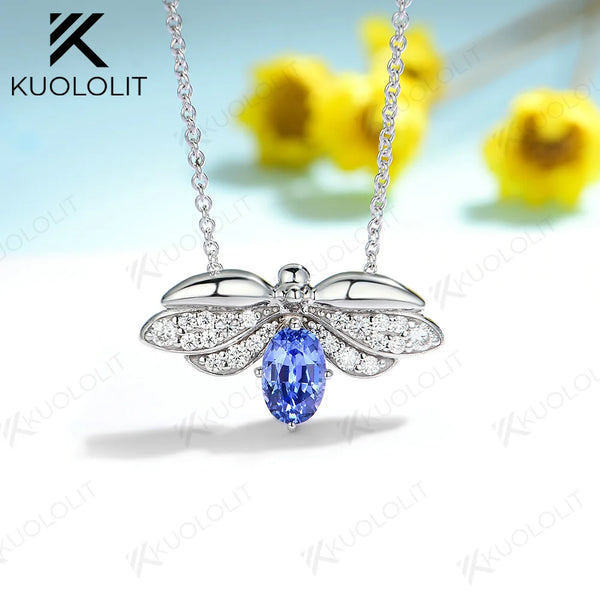 Kuololit 0.5CTW Lab Blue Sapphire Moissanite Bee Necklace for Women Solid 18K 14K 10K 585 White Gold Oval Pendant for Christmas