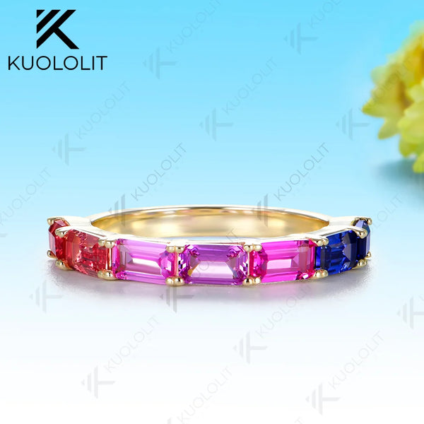 Kuololit Lab Grown Sapphire Gemstone Colorful Custom Ring for Women Solid 14K 10K  Yellow Gold Eternity Half Band for Christmas