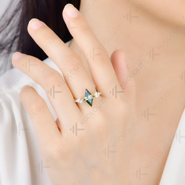 Kuololit 2.5CT Rhombus Cut Cyan Moissanite Custom Ring for Women Solid14K 10K 585 Yellow Gold Engagement Ring for Christmas Gift