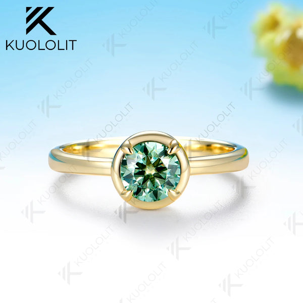 Kuololit 0.8CT Cyan Moissanite Round Ring for Women Solid 14K 10K 585 Yellow Gold Engagement Ring for Christmas Gift Party