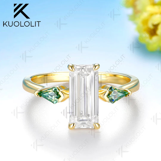 Kuololit 2.2CTW Emerald Cut Moissanite  Ring for Women Solid 14K 10K 585 Yellow Gold Engagement Ring for Christmas Gift Party