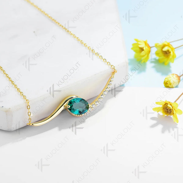 Kuololit 1.5CT Lab Grown Emerald Necklace for Women Solid 10K 14K 18K 925Sliver Moissanite Oval Pendant for Engagement Christmas