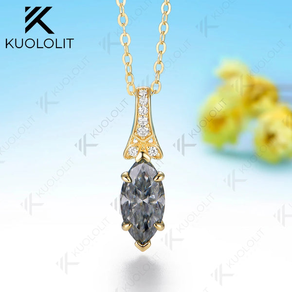 Kuololit 2CT Grey Moissanite Custom Necklace for Women Solid 585 14K 10K Yellow Gold Marquise Necklace for Christmas Gifts Party