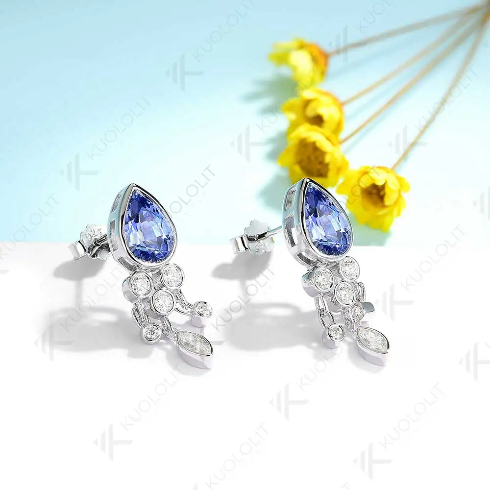 Kuololit 3CTW Lab Grown Blue Sapphire with Moissanite Stud Earrings for Women Solid 14K 10K 585 Gold Pear Earrings for Christmas