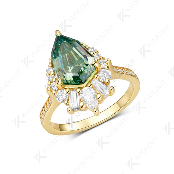 Kuololit 4CT Octagonal Pear Cyan Moissanite Ring for Women Solid 14K 10K Yellow Gold Engagement for Christmas Gift Party Wedding