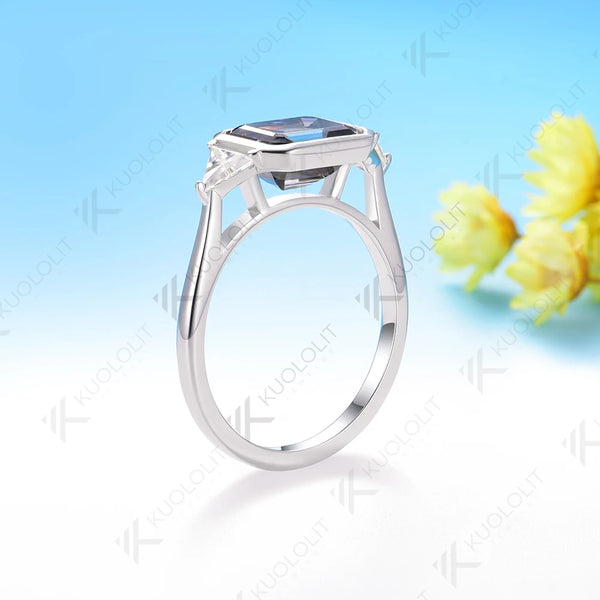 Kuololit 3CT Gray Blue Moissanite Ring for Women Solid14K10K 585 White Gold Emerald Cut Engagement Ring for Christmas Gift Party