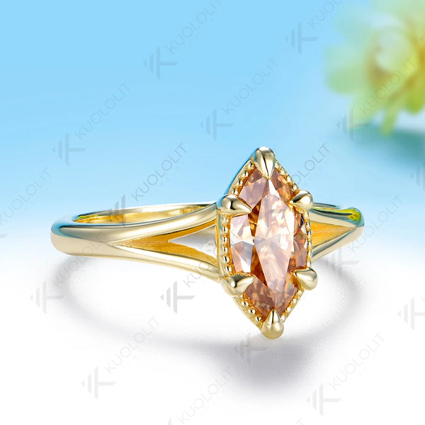 Kuololit 1CT Marquise Champagne Moissanite Custom Ring for Women Men Solid 14K 10K Yellow Gold for Christmas Anniversary Gifts
