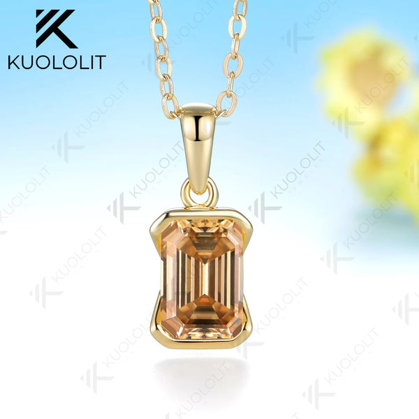 Kuololit 2.5CT Champagne Moissanite Necklace for Women Solid 14K 10K Yellow Gold Emerald Cut Necklace for Engagement Christmas