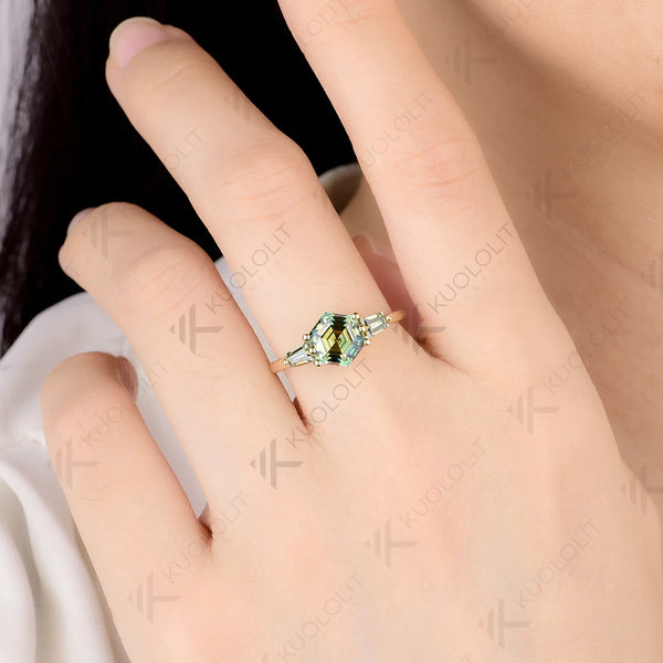 Kuololit 2CT Hexagon Cyan Moissanite Ring for Women Solid 585 10K 14K Yellow Gold for Wedding Engagement Anniversary Christmas