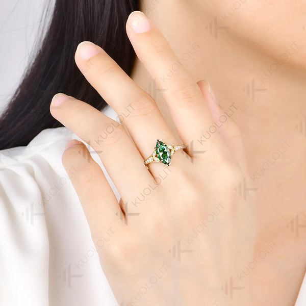 Kuololit 2CT Cyan Moissanite Custom Ring for Women Solid 14K 10K 585 Yellow Gold Marquise Cut for Christmas Gifts Engagement