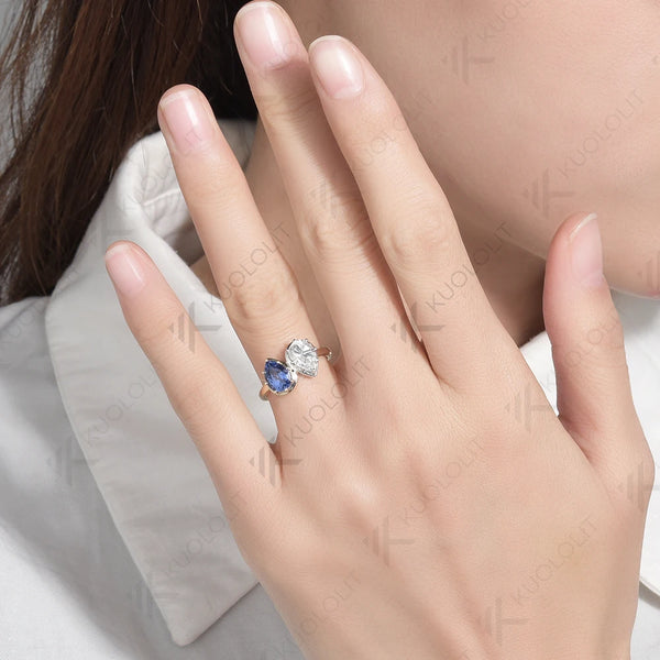 Kuololit 2.5CTW Pear Moissanite Blue Sapphire Ring for Women Solid 18K 14K Two Tone Gold Gemstone Ring for Engagement Christmas