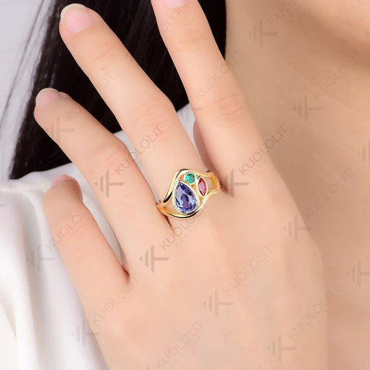 Kuololit 2.4CTW Lab Grown Blue Sapphire Ruby Emerald Moissanite Ring for Women Solid 14K 10K 585 Yellow Gold for Christmas Gifts