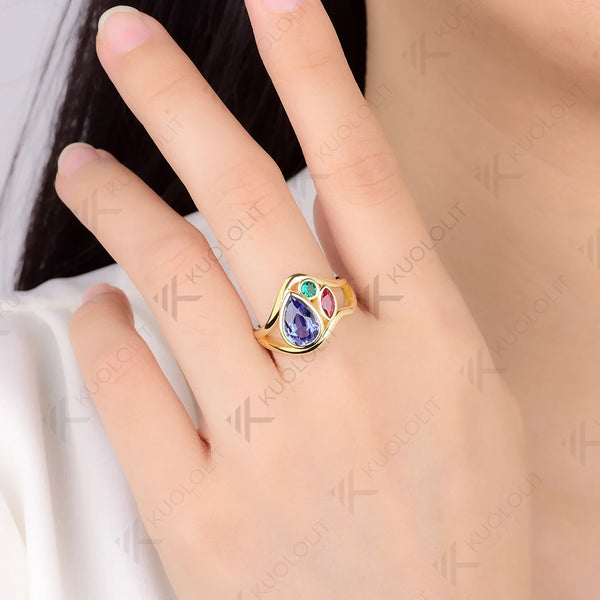 Kuololit 2.4CTW Lab Grown Blue Sapphire Ruby Emerald Moissanite Ring for Women Solid 14K 10K 585 Yellow Gold for Christmas Gifts