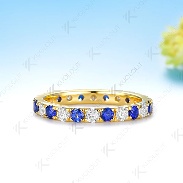 Kuololit  1.5CTW Lab Diamond Sapphire Alternating Wedding Band for Women Solid 14K Yellow Gold Eternity Full Ring for Engagement