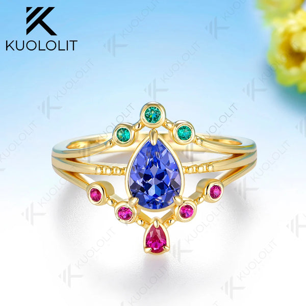 Kuololit Lab Grown Sapphire Ruby Emerald Gemstone Ring for Women Solid 14K 10K Yellow Gold Engagement for Christmas Gifts Party