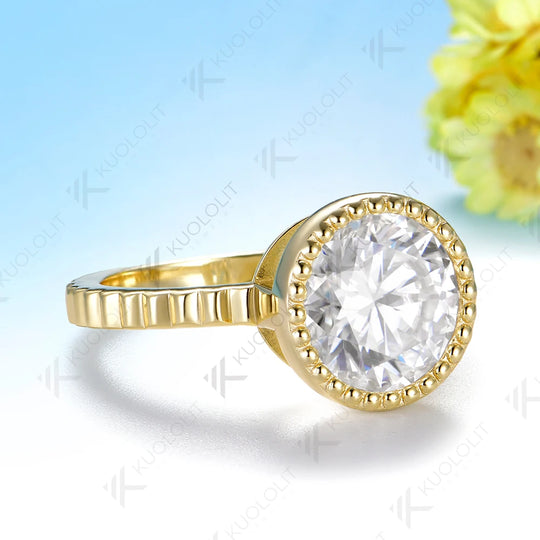 Kuololit 4CT Moissanite Round Cut Custom Ring for Women  Solid 14K 10K Yellow Gold Bezel Set Ring for Anniversary Christmas Gift