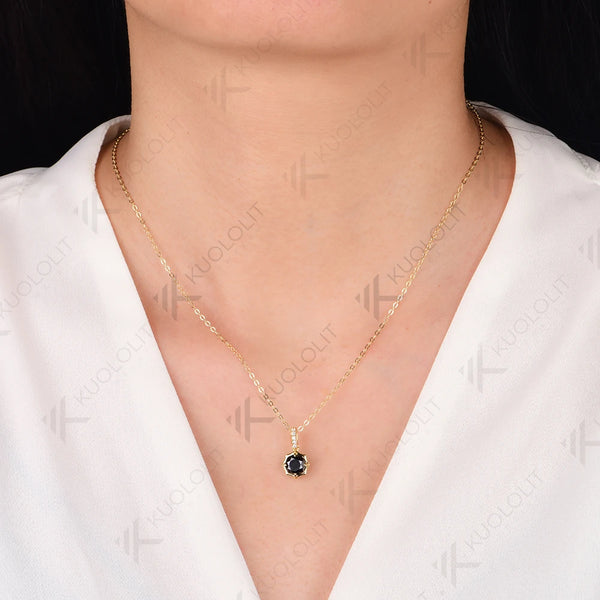 Kuololit 1CT Black Moissanite Necklace for Women Solid 18K 14K 10K 585 Yellow Gold Round Cut Moissanite Penant for Christmas