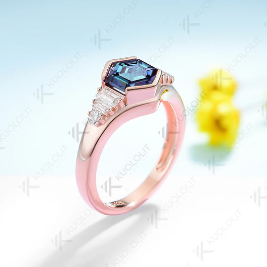 Kuololit 1.5CT Lab Grown Alexandrite Moissanite Engagement  Ring for Women Solid 18K 14K 10K 585 Rose Gold Ring for Christmas