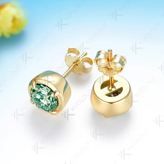Kuololit 1.6CTW Cyan Moissanite Stub Earrings for Women Solid 14K 10K Yellow Gold Stub Green Earrings for Christmas Gifts Party